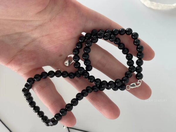 Black Onyx Beaded Necklace | Minimalist Gemstone Choker in 18K Gold Vermeil | Length 15″