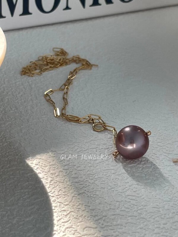 Single Edison Pearl Necklace | Lavender-Purple Mirror Luster | 14K Gold Filled Paperclip Chain | 45cm