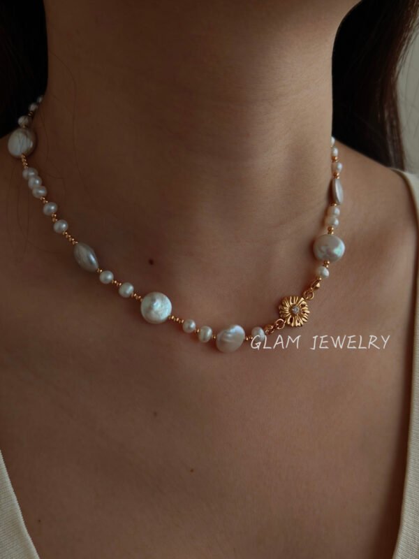 Flat Freshwater Pearl Necklace | 18K Gold Vermeil on Solid S925 Sterling Silver | 14.17” + 2.36” Adjustable