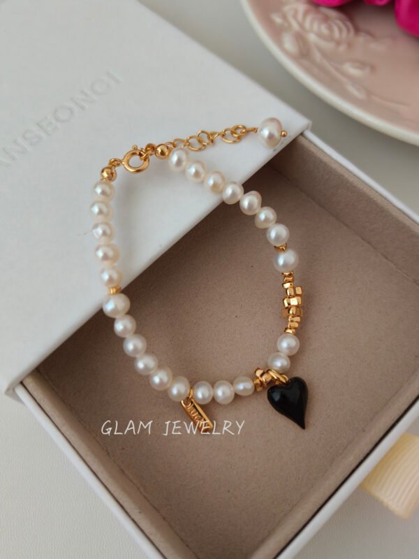Freshwater Pearl Bracelet with Black Enamel Heart | Solid S925 Sterling Silver with 18K Gold Plating | 6.3" + 1.2"