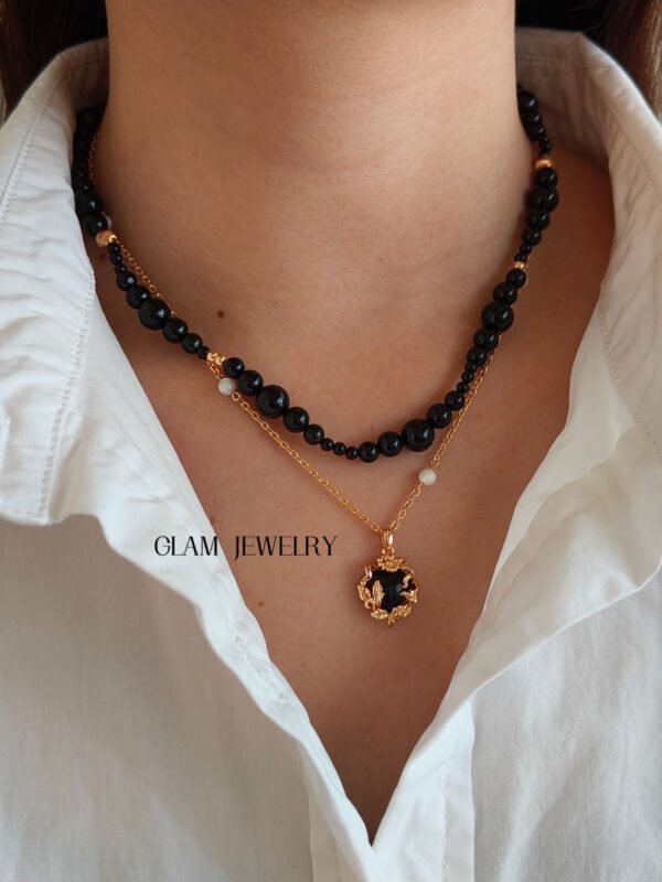 Vintage Floral Black Onyx Pendant Necklace | 18K Gold Vermeil over 925 Sterling Silver | Adjustable 12.6–15″ (32–38cm)