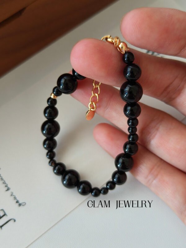 Vintage Black Onyx Beaded Bracelet | 18K Gold Vermeil over 925 Sterling Silver | Adjustable 5.51″ + 1.18″
